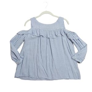 Entro Blue & White Stripe Cold Shoulder Ruffle Top